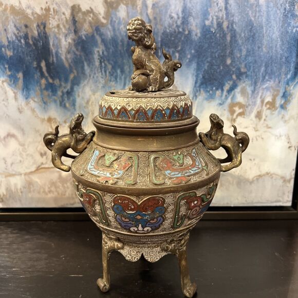 Other - Qianlong Marked Copper Cloisonne Dragon Beast 2 Ear Incense Burner Censer